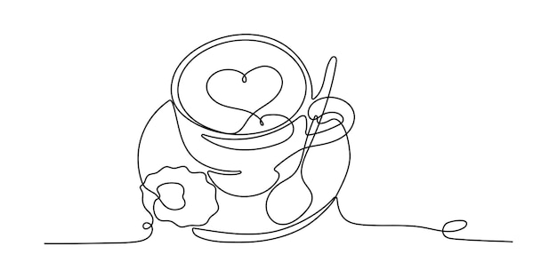 Dibujo de una sola línea continua de una taza de café con cuchara y galletas.