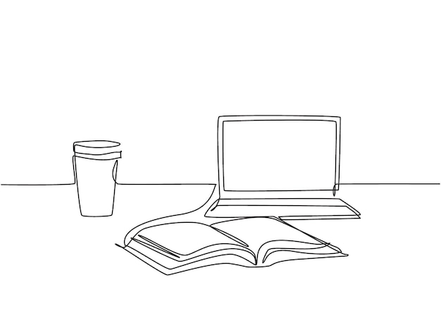 Dibujo de una sola línea continua de una taza de café de papel para computadora portátil y un libro abierto en el vector de la mesa de estudio
