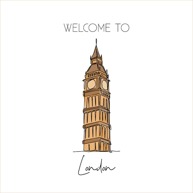 Dibujo de una sola línea continua Torre del reloj Big Ben emblemático lugar de belleza en el cartel artístico de Londres
