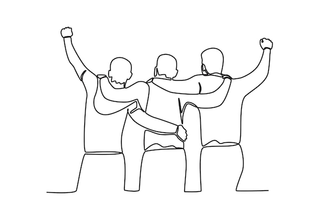 Dibujo de una sola línea continua de tres amigos abrazándose