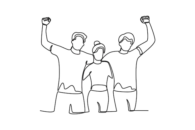 Dibujo de una sola línea continua de tres amigos que se apoyan mutuamente