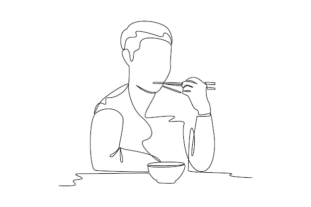 El dibujo de una sola línea continua de los videos de Mukbang presenta a personas saboreando cantidades excesivas de comida Vlogger de comida y crítico de comida concepto minimalista Ilustración de comida línea simple