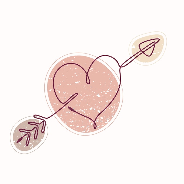 Vector dibujo de una sola línea de corazón de amor con flecha en manchas de color texturizadas estilo de arte de línea dibujada a mano vectorial fondo texturizado