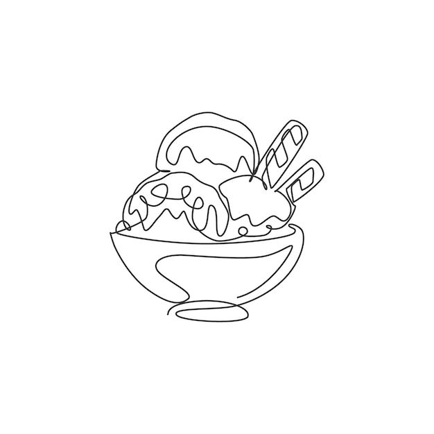 Un dibujo de una sola línea de una deliciosa taza de helado fresco con arte vectorial en barra de oblea y rollo de oblea