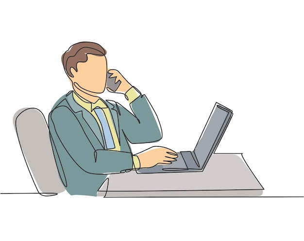 Un dibujo de una sola línea del director de una empresa dando un breve informe mediante una llamada telefónica a su miembro