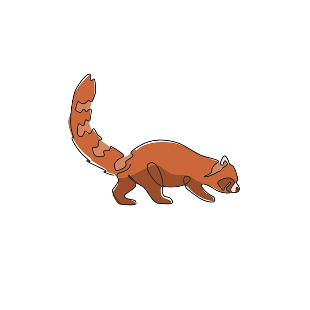 Un dibujo de una sola línea de divertido panda rojo en peligro de extinción lindo diseño de oso gato rojo ilustración vectorial