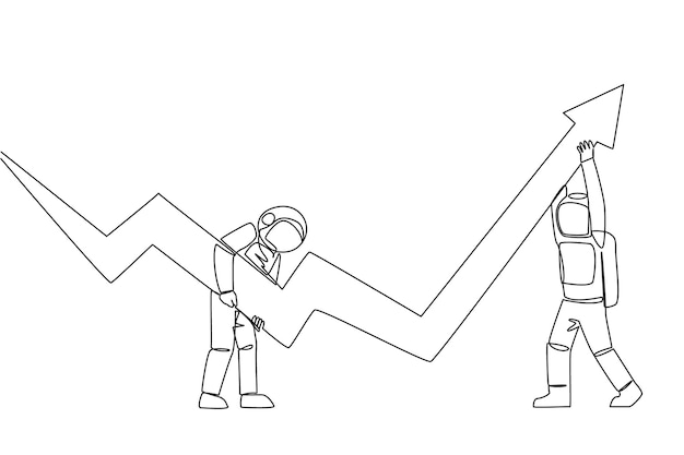 Dibujo de una sola línea de dos astronautas sosteniendo una gran ilustración vectorial de diseño de gráfico de flecha