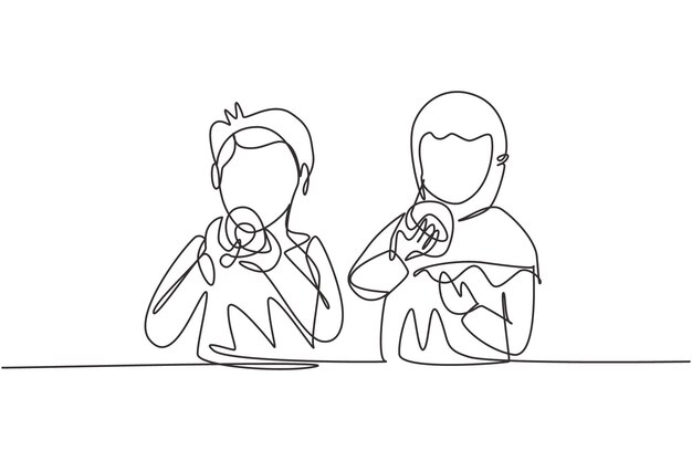 Dibujo de una sola línea de dos chicos árabes y una chica con una comida de rosquillas en la mano Disfruta del desayuno