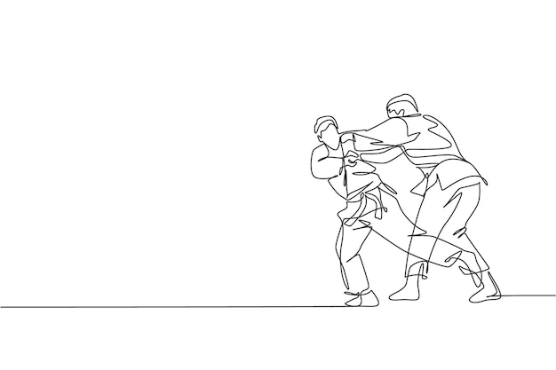 Un dibujo de una sola línea de dos enérgicos luchadores judokas luchando en una competencia deportiva de artes marciales
