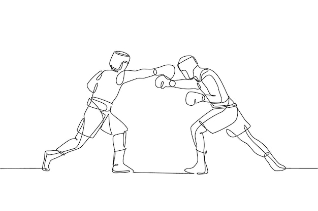 Un dibujo de una sola línea de dos hombres enérgicos boxeadores que se atacan entre sí en el vector de boxeo Diseño deportivo