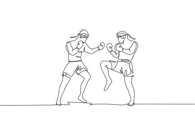 Un dibujo de una sola línea de dos jóvenes y enérgicos luchadores de muay thai peleando en el gimnasio