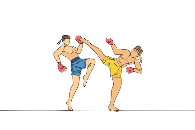 Un dibujo de una sola línea de dos jóvenes y enérgicos luchadores de muay thai peleando en el vector de arena