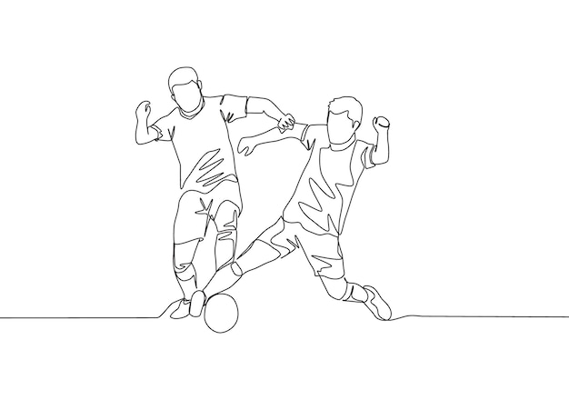 Dibujo de una sola línea de dos jugadores de fútbol que luchan por el balón en el juego Deporte de partido de fútbol