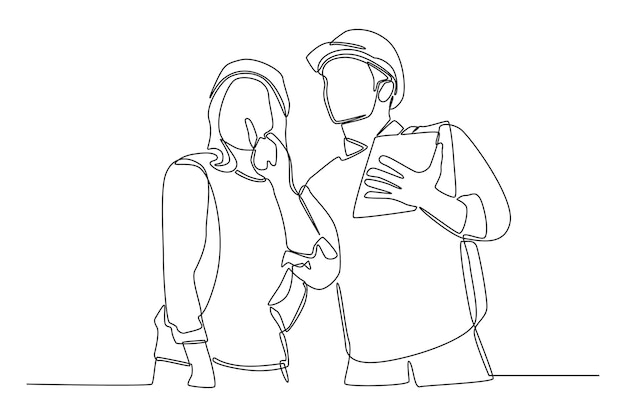 Dibujo de una sola línea dos personas arquitecto ingeniero trabajador comprobando el informe de progreso en el sitio de construcción Ilustración de vector gráfico de diseño de dibujo de línea continua