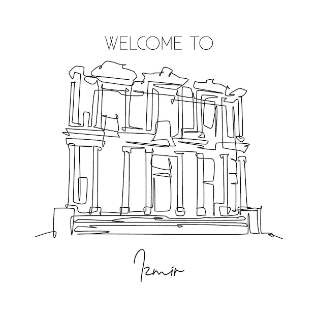 Un dibujo de una sola línea de Éfeso Antiguo punto de referencia. Famoso Selçuk Ismir, vector de diseño de decoración de Turquía