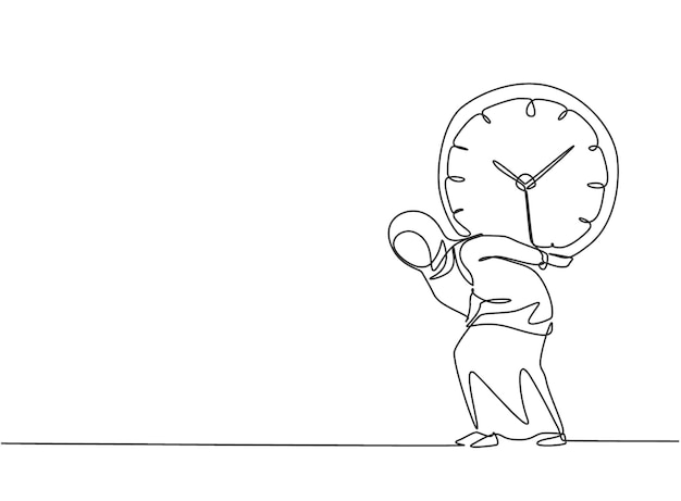 Dibujo de una sola línea empresaria árabe cargando con su espalda un gran reloj analógico pesado vector
