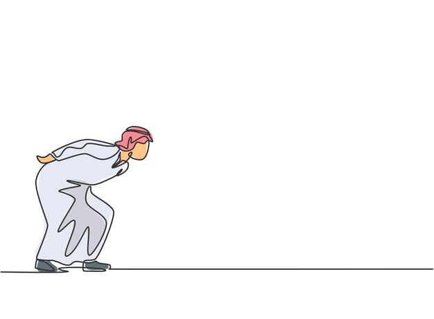 Dibujo de una sola línea empresario árabe inclinado porque el trabajo sobrecarga tiempo disciplina vector