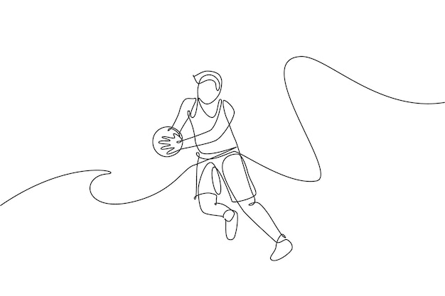 Un dibujo de una sola línea de un enérgico jugador de baloncesto atrapa el vector de la pelota Diseño deportivo