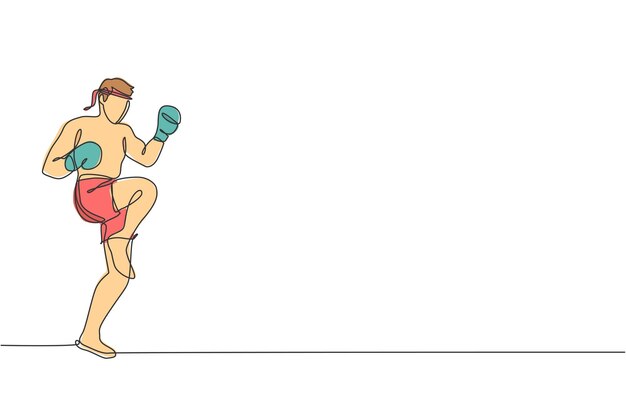Un dibujo de una sola línea enérgico luchador de muay thai haciendo ejercicio de patada en la ilustración del centro de gimnasio