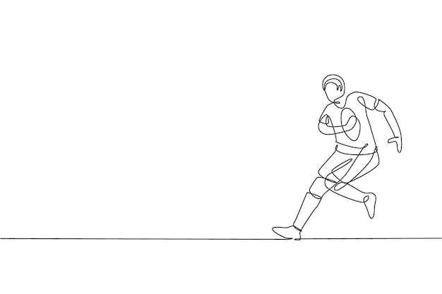 Dibujo de una sola línea de entrenamiento energético de jugadores de rugby practicando en el diseño deportivo vectorial de campo