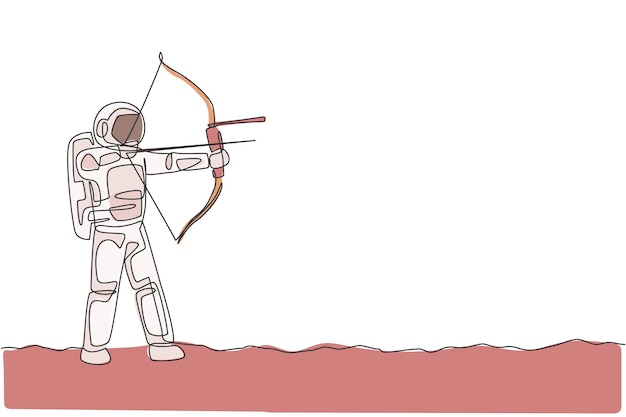 Un dibujo de una sola línea de entrenamiento de enfoque de astronauta para mejorar su objetivo de disparo en el vector de la superficie lunar