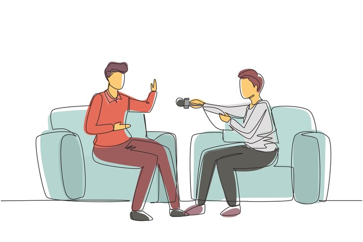 Vector dibujo de una sola línea entrevista con una persona famosa vector de transmisión de televisión o internet