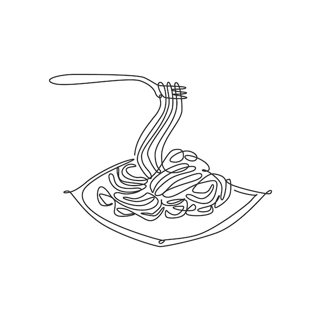 Un dibujo de una sola línea de espagueti italiano fresco y delicioso vector del logotipo de la cafetería de comida rápida de pasta