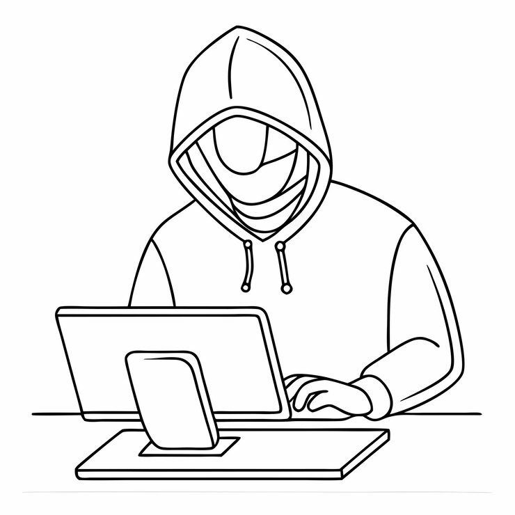 Vector dibujo de una sola línea de un estereotipo de hacker de computadora en una ilustración vectorial de arte de líneas 2
