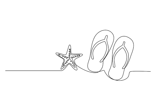 Dibujo de una sola línea estrellas de mar y zapatillas de playa Concepto de playa de verano Ilustración de vector gráfico de diseño de dibujo de línea continua