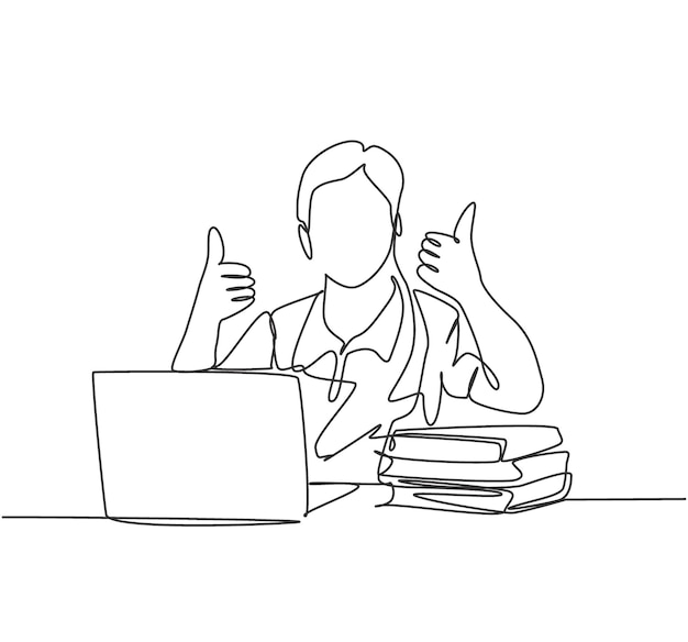 Dibujo de una sola línea de un estudiante universitario estudiando en el campus junto a una pila de libros y una computadora portátil