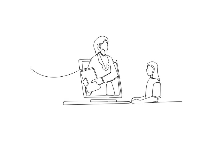 Vector dibujo de una sola línea estudio de niña en la pantalla de la computadora y el profesor explicó la nota sobre la videollamada concepto del día internacional del maestro ilustración de vector gráfico de diseño de dibujo de línea continua
