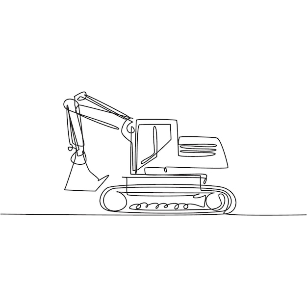 Dibujo de una sola línea de excavadora para excavar máquinas pesadas de transporte comercial de vectores de suelo
