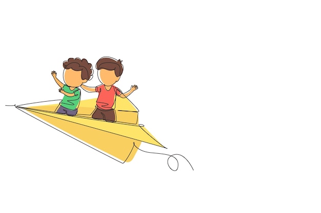 Dibujo de una sola línea felices dos niños pequeños volando en un avión de papel Niños volando juntos en un avión de papel Niños de regreso al concepto de escuela Diseño de dibujo de línea continua ilustración vectorial gráfica