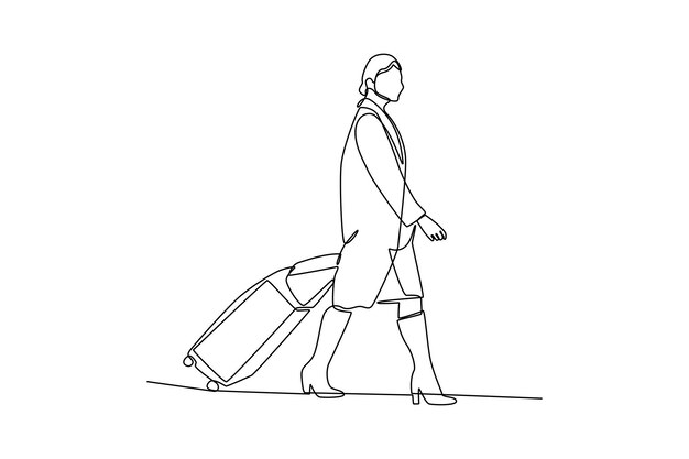 Dibujo de una sola línea de un feliz paseo hasta la sala de embarque Equipo de tierra Señalización al avión en el aeropuerto Concepto de actividad del aeropuerto Diseño de dibujo de línea continua vector gráfico