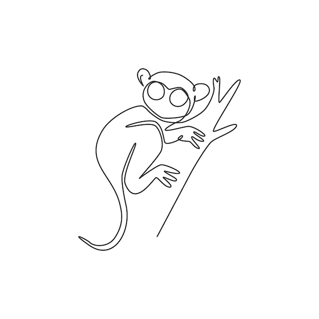 Dibujo de una sola línea de un gracioso tarsero para el logotipo de la fundación. Mascota primate nocturna para el icono de mascota.