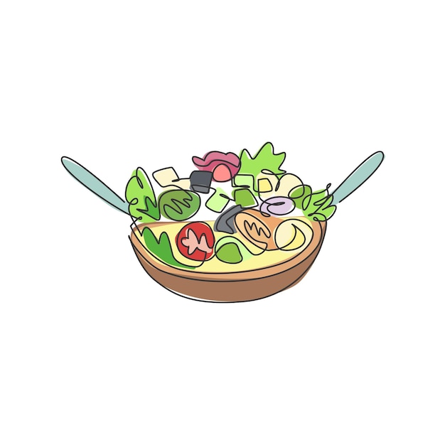 Un dibujo de una sola línea de un gráfico de ilustración vectorial del logotipo de ensalada orgánica fresca Comida vegana saludable