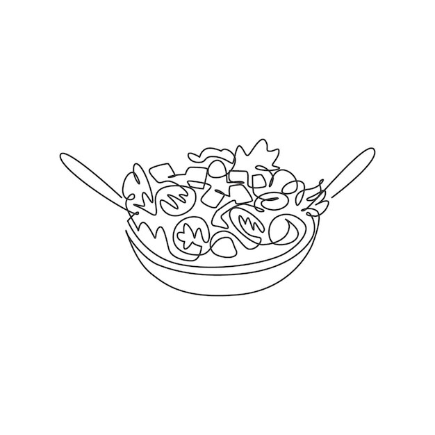 Un dibujo de una sola línea de un gráfico de ilustración vectorial del logotipo de ensalada orgánica fresca Comida vegana saludable