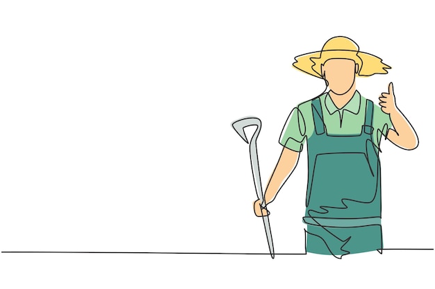 Dibujo de una sola línea de un granjero con un gesto de pulgar hacia arriba usando un vector de diseño de sombrero de paja