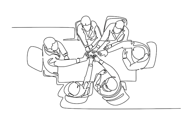 Dibujo de una sola línea de un grupo de hombres de negocios y mujeres de negocios de la vista superior celebrando su objetivo sucesivo en una reunión de negocios con gesto de cinco alto Ilustración de vector de diseño de dibujo de línea continua