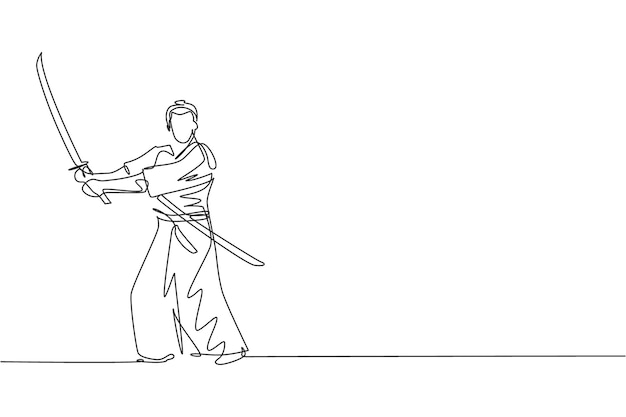 Un dibujo de una sola línea de un guerrero samurai japonés sosteniendo una espada katana practicando en el centro dojo