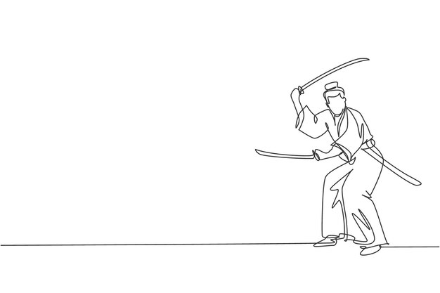 Un dibujo de una sola línea de un guerrero samurai japonés sosteniendo una espada katana en el vector gráfico del centro del dojo