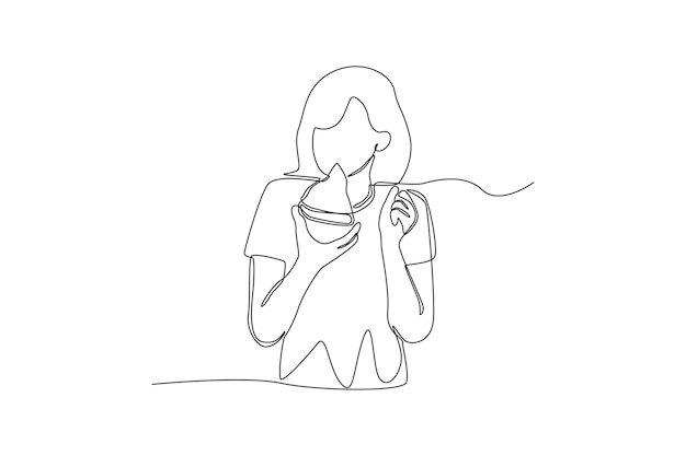 Dibujo de una sola línea hermosa chica comiendo pizza concepto del día mundial de la alimentación diseño de dibujo de línea continua ilustración vectorial gráfica