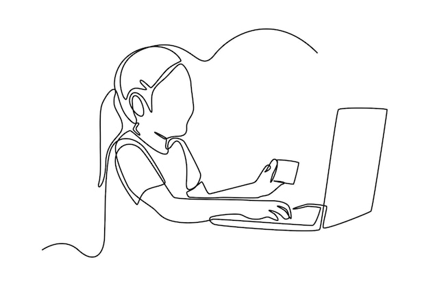 Dibujo de una sola línea hermosa joven que trabaja con computadora portátil Ilustración de vector gráfico de diseño de dibujo de línea continua