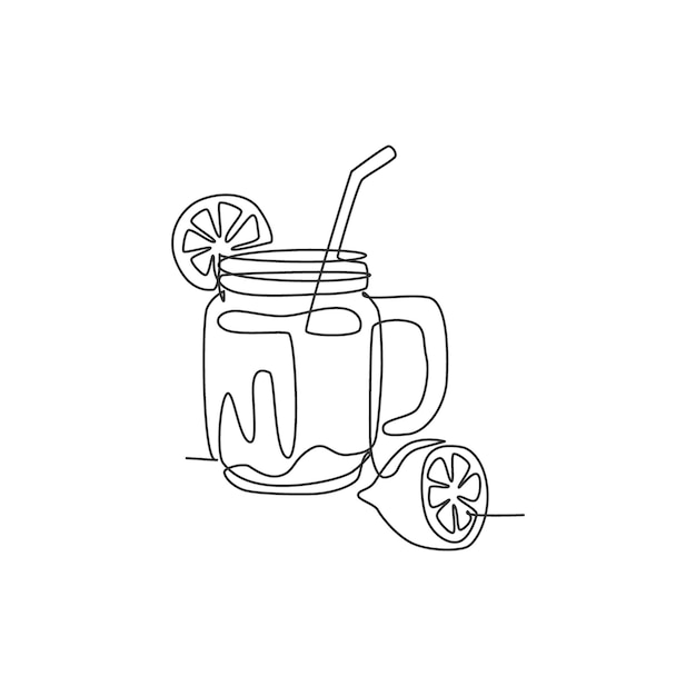 Un dibujo de una sola línea de hielo de limonada en un frasco de vidrio con una ilustración vectorial de limón en rodajas