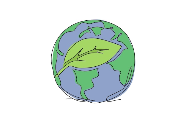 Dibujo de una sola línea de hoja verde en el globo terráqueo Icono de árbol de hoja para el concepto de naturaleza verde