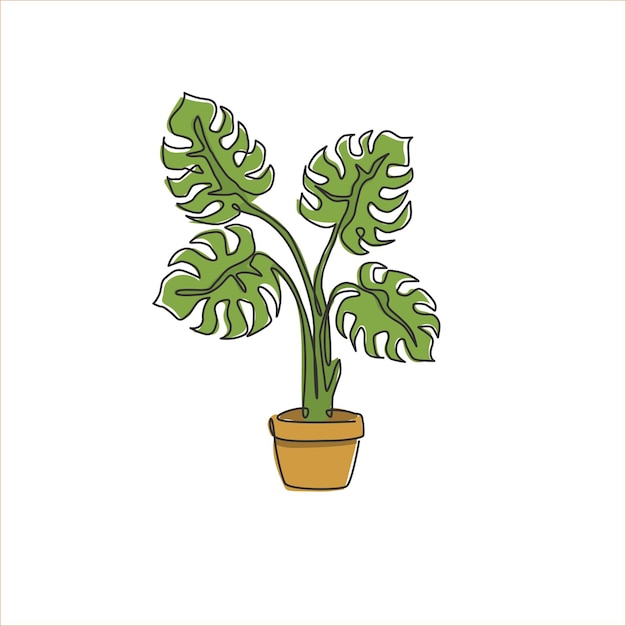 Vector un dibujo de una sola línea de hojas tropicales bonitas planta de monstera decoración decorativa de pared para imprimir