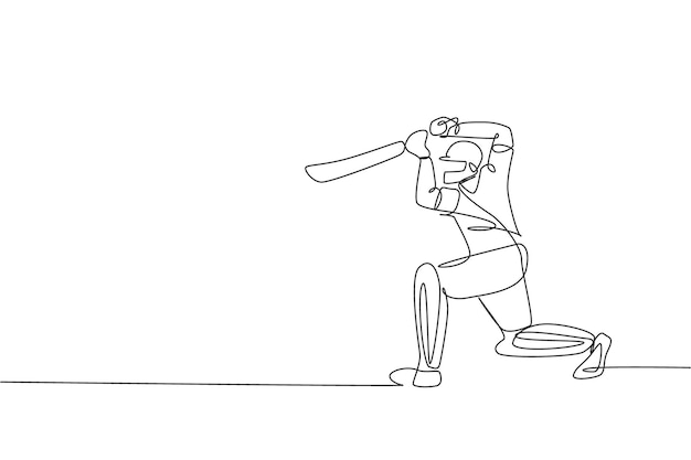 Un dibujo de una sola línea de un hombre enérgico jugador de cricket se centra para recibir la pelota del vector de la jarra