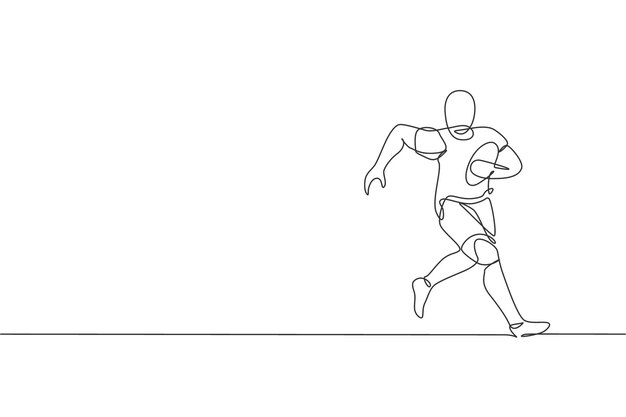 Un dibujo de una sola línea de un hombre enérgico jugador de rugby corriendo para evitar la persecución rival vector Diseño deportivo