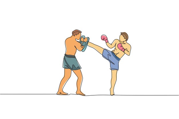 Un dibujo de una sola línea de un hombre enérgico kickboxer con entrenador personal en un vector de arena de boxeo