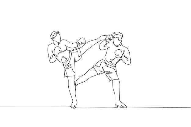 Un dibujo de una sola línea de un hombre enérgico kickboxer peleando con su compañero en el campo de boxeo